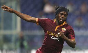Gervinho celebrates scoring for Roma in their 2-0 Serie A win at Sampdoria on 25 September.