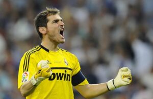 Real Madrid's goalkeeper Casillas celebrates his team's second goal against Barcelona during their Spanish Supercup first leg soccer match in Madrid