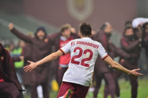 Roma's forward from Italy Stephan El Shaarawy celebrates after scoring during the Italian Serie A football match between Sassuolo and AS Roma at "Mapei Stadium" in Reggio Emilia on February 2, 2016. AFP PHOTO / GIUSEPPE CACACE / AFP / GIUSEPPE CACACE (Photo credit should read GIUSEPPE CACACE/AFP/Getty Images)