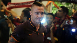 JAKARTA, INDONESIA - JULY 25: Radja Nainggolan of AS Roma arrives at Shangrila Hotel for the international friendly match between AS Roma A and AS Roma B at Gelora Bung Karno Stadium on July 25, 2015 in Jakarta, Indonesia. (Photo by Robertus Pudyanto/Getty Images)