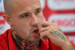BORDEAUX, FRANCE - JUNE 08: Nainggolan Radja midfielder of Belgium talking to the press during a press conference of the National Soccer Team of Belgium as part of the preparation prior to the UEFA EURO 2016 phase final match between Belgium and Italy at the Chateau de Haillan training center in Bordeaux, France. (Photo by Vincent Kalut/Photonews via Getty Images)